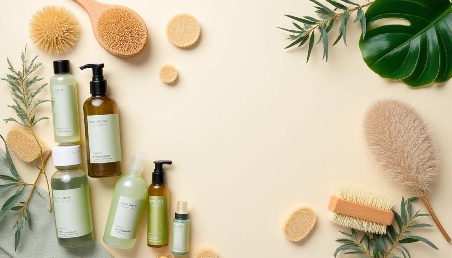 Set di prodotti di pulizia ecologici confezionati con materiali naturali, spugne e spazzole di legno per un approccio sostenibile